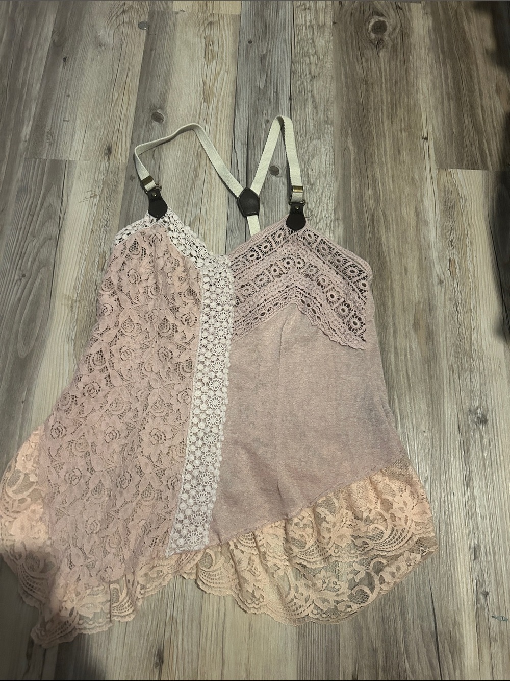 Dusty Pink Lace Patchwork Slip Camisole with Cream Straps